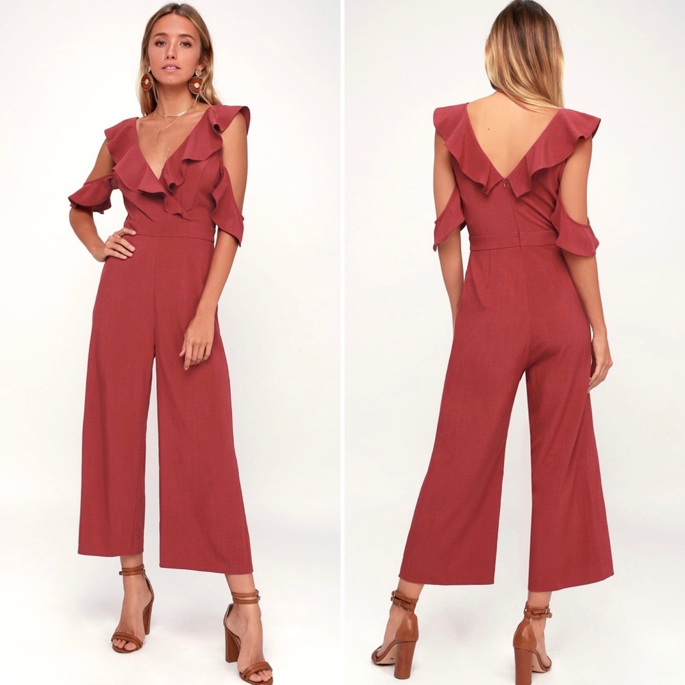 Lulu's Rust Ruffle Cold Shoulder Jumpsuit